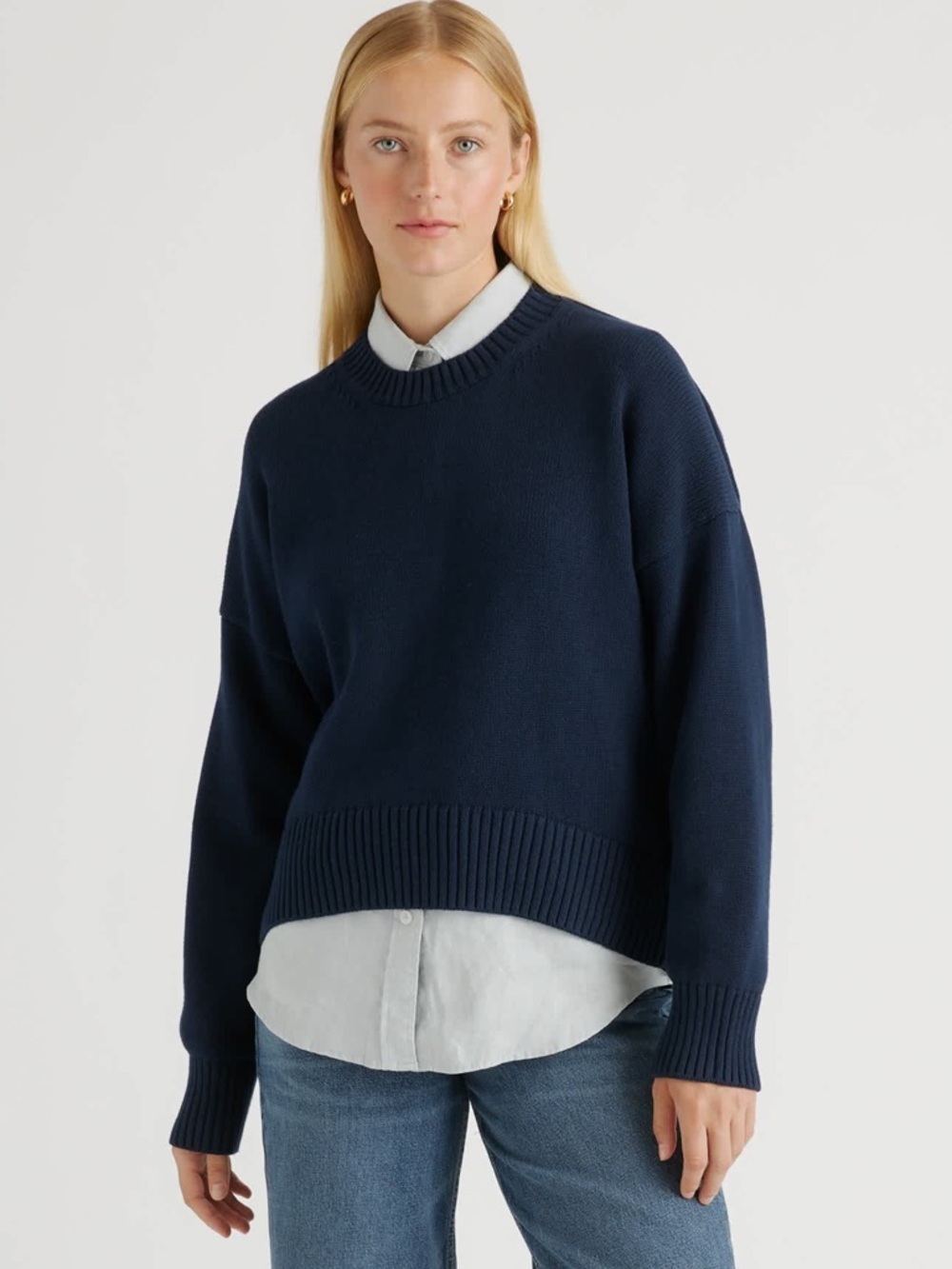 Quince Navy Organic Cotton Women’s Boyfriend Crewneck Sweater Sz XS